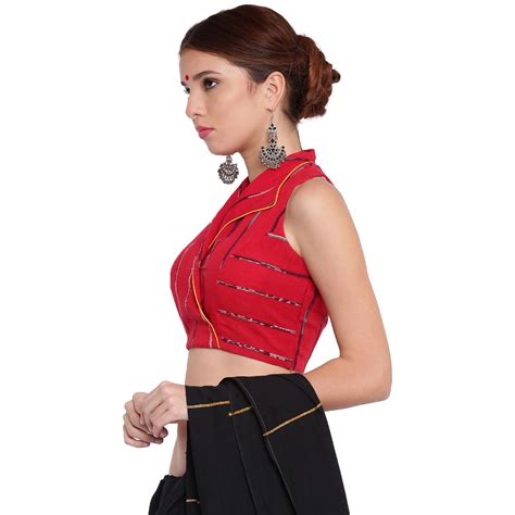 Red Khesh Overlap Blouse With Jacket Collar | Sustainable Indo-Western ...