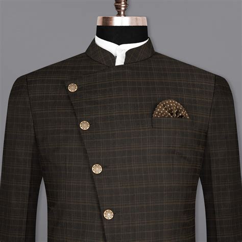 Wood Bark Checks-Plaid Premium Cotton Bandhgala/Jodhpuri Blazers for Men.