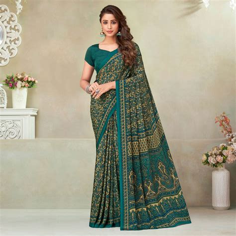Beige & Bottle Green Printed Crepe Saree