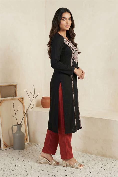 Buy Black Embroidered Floral Thread Work Acrylic Straight Kurta for ...