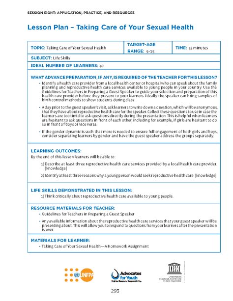 Lesson plan taking care of your sexual health - TOPIC: Taking Care of ...