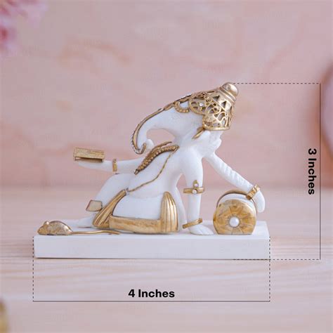 Premium White & Gold Ganesha Reading Idol (3 Inch)