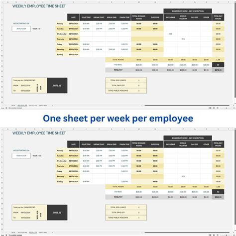Employee Weekly Timesheet Excel Template Spreadsheet, Google Sheets Compatible, Regular Overtime ...