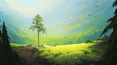 Download wallpaper 1920x1080 pine, tree, stones, distance, art full hd ...