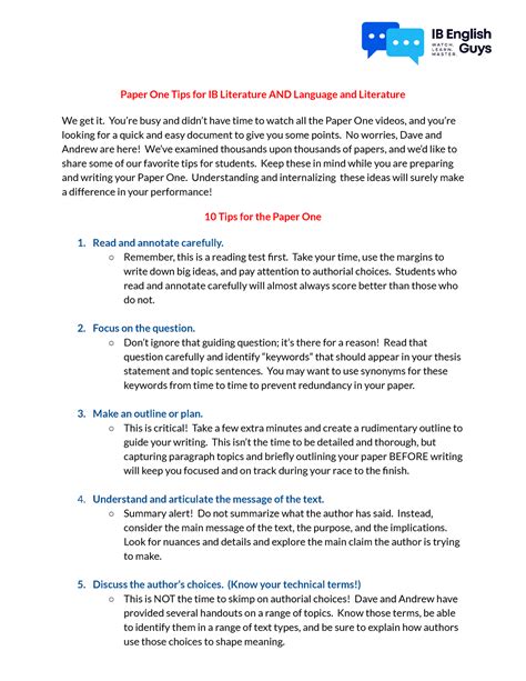 Paper One - Top 10 Tips - ib guys - Paper One Tips for IB Literature ...