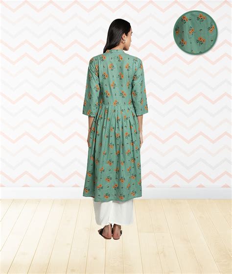 Fabclub Cotton Floral Printed Flared & Front Slit Women Kurti (Sea ...