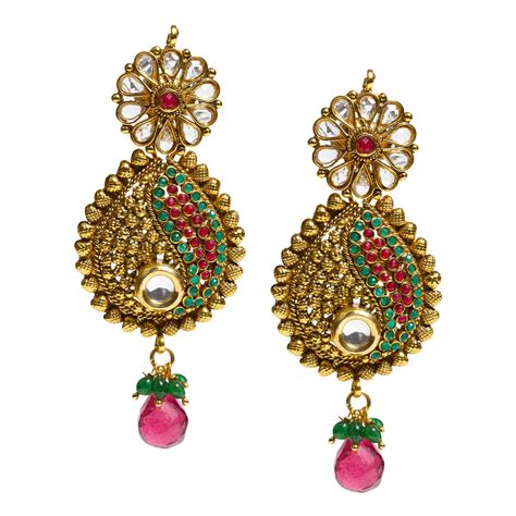 Buy Women's Gold-Plated Red-Green Kundan Earring By Bindhani