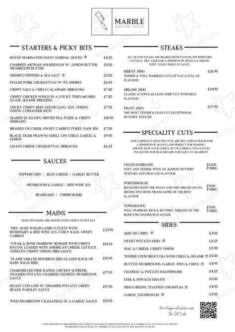 Menu at Marble Steakhouse, Bridgend