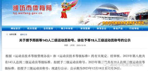 潍坊市体育局关于授予邢辰二级运动员称号、徐在予等19人三级运动员称号的公示