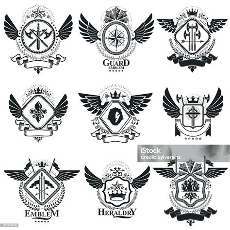 Desain Heraldik Lambang Vintage Vektor Koleksi Coat Of Arms Ilustrasi ...