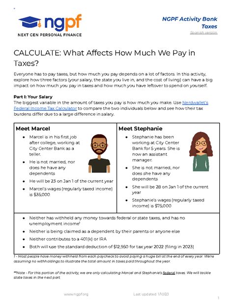 What Affects How Much We Pay in Taxes - v NGPF Activity Bank Taxes Spanish version CALCULATE ...