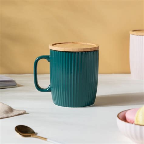 Ceramic Mug with Wooden Lid Green Online - Premium Coffee Mug | Nestasia
