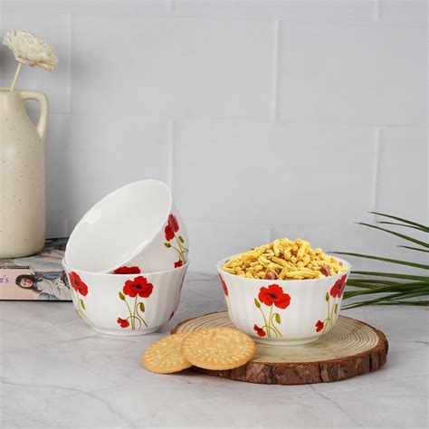 White Ceramic Crown Dessert Bowls with Red Poppy Print (Set of 3 ...