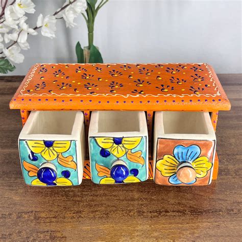 Buy Handcrafted Orange Color Wooden Ceramic Drawer Storage Box Online ...