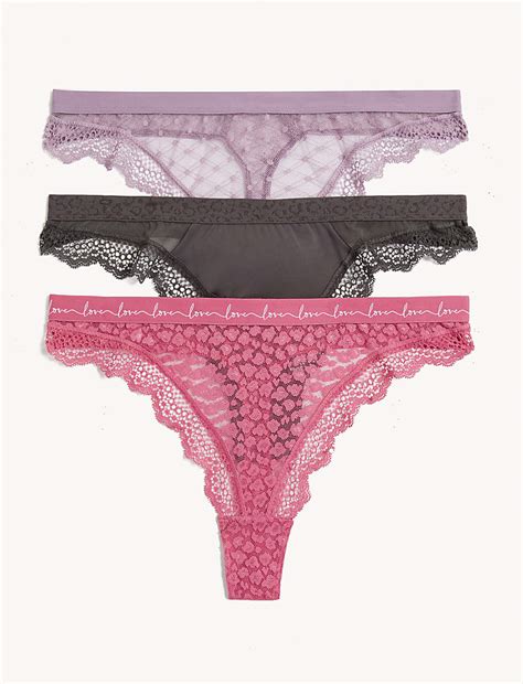 Buy 3pk Mesh & Lace Thongs at Marks & Spencer