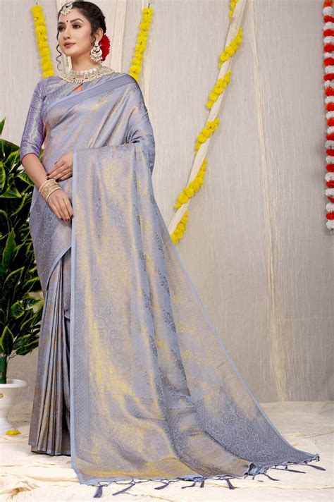 Grey Pure Kanchipuram Silk Sarees In Pure Gold Zari – Shivansh Fab