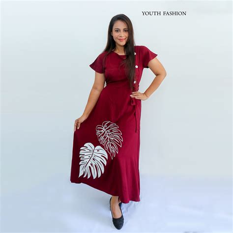 Ladies Long Frock - Ankle Length Short Sleeves Maroon