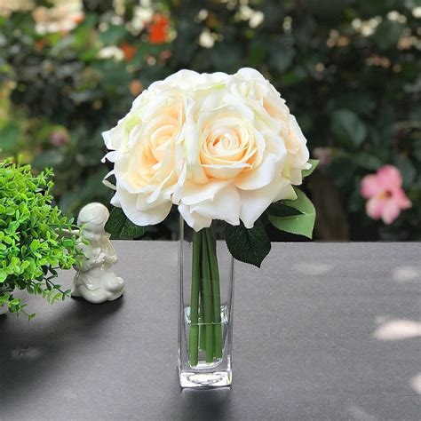 Enova Home Artificial Open Rose Silk Flowers in Clear Glass Vase with ...