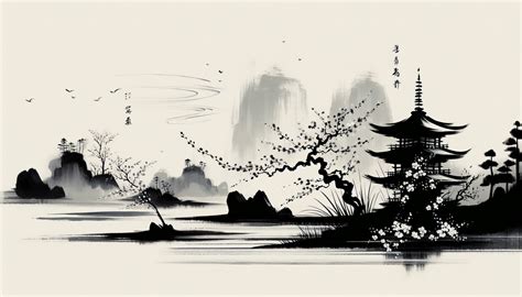 Serene Black and White Asian Landscape Wallpaper HD by QuantumCurator