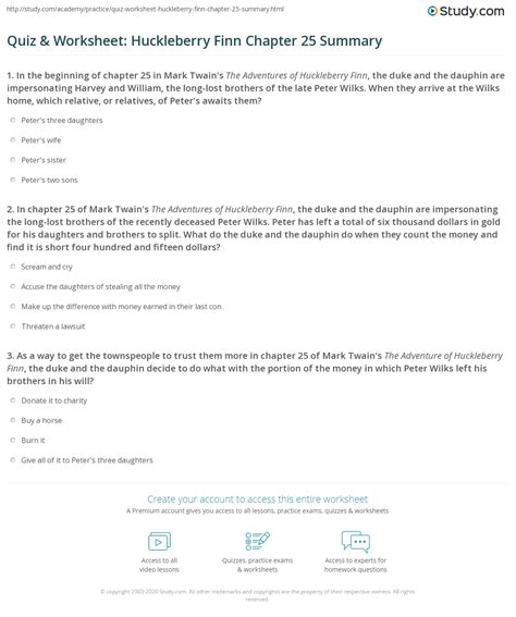 Quiz & Worksheet: Huckleberry Finn Chapter 25 Summary | Study.com