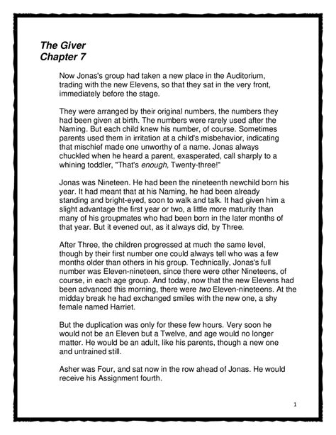 Chapter Summaries For The Giver