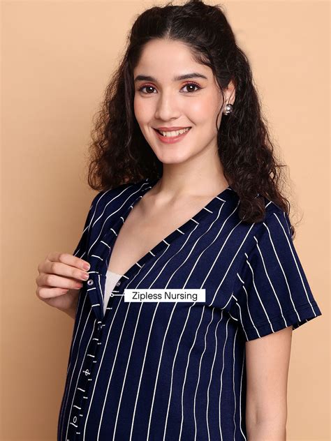 Buy Navy Blue Striped Hosiery Zipless Maternity Nighty Online at Secret ...