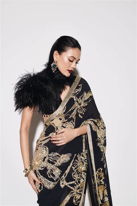 BLACK PRINTED SAREE WITH BEADED BLOUSE - Varun Bahl