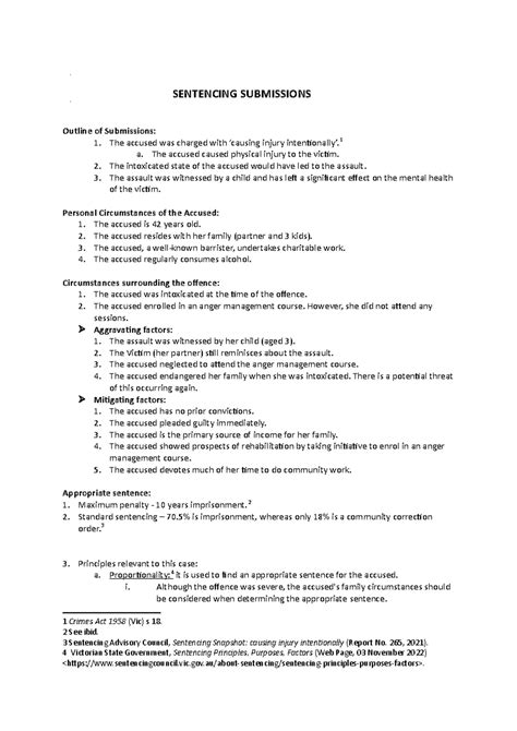 Written outline of sentencing submission - SENTENCING SUBMISSIONS Outline of Submissions: 1. The ...