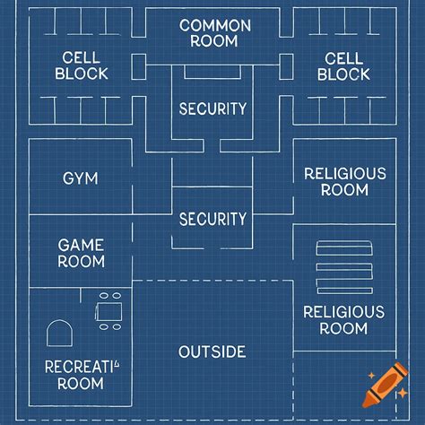 Blueprint floor plan of a prison layout on Craiyon