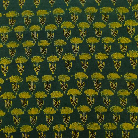 Pure Cotton Ajrak Green With Light Yellow Green Flowers Hand Block Pri ...