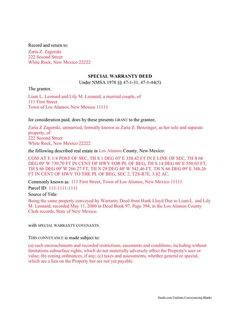 Santa Fe County Special Warranty Deed Form | New Mexico | Deeds.com