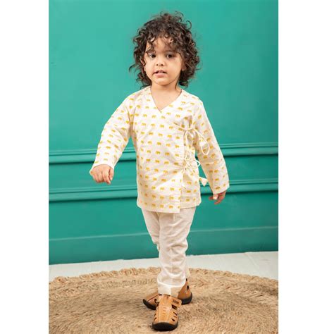 Polka Tots Full Sleeve Elephant Print Front Open Angrakha Kedia Pant S ...