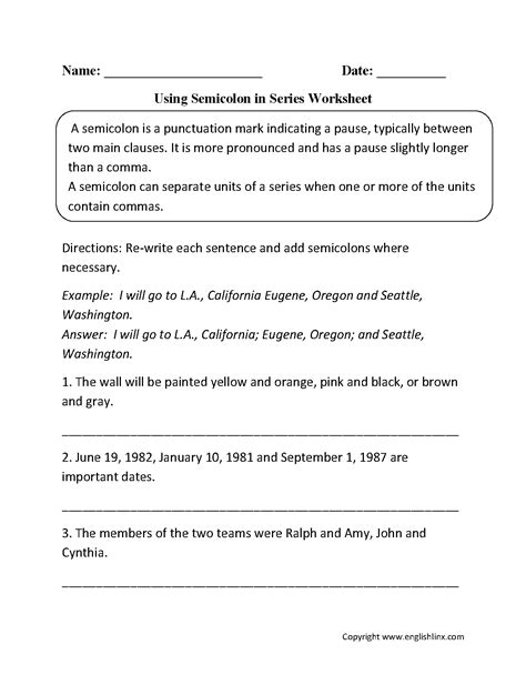 Using Semicolon in Series Worksheet | Semicolon, Punctuation worksheets, Punctuation