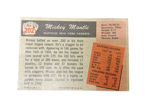 1955 Bowman Mickey Mantle New York Yankees Card 202 #12697 ...