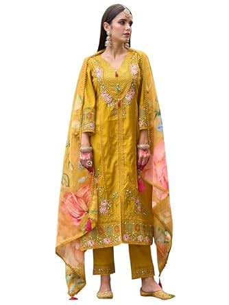 Buy INDO ERA Women Silk Blend Yellow Embroidered Straight Kurta and ...