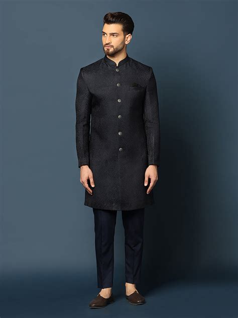 Men Navy Blue Textured Silk Blend Jacquard Indowestern Trouser Set with ...