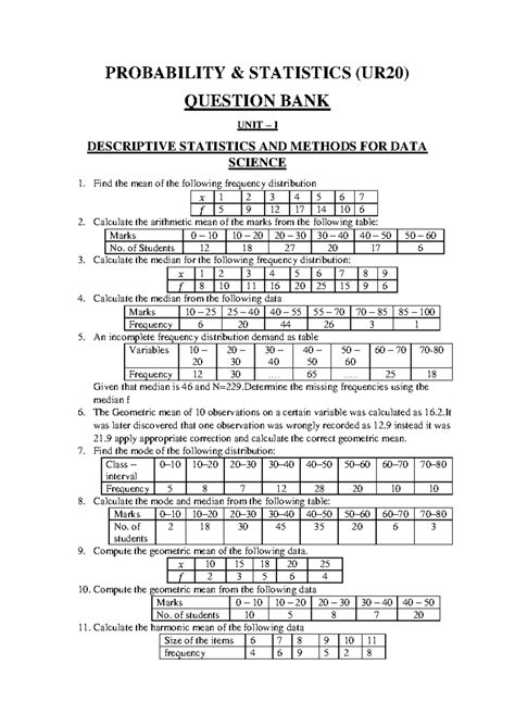 P&S Question Bank UR-20 - PROBABILITY & STATISTICS (UR20) QUESTION BANK ...