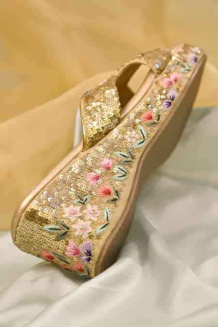 Buy Gold Zari, Sequins Tara Embroidered Wedges by Around Always Online ...