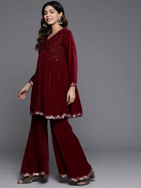 Buy Maroon Embroidered Velvet A-Line Kurti With Sharara & Dupatta ...