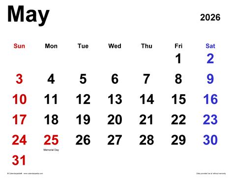May 2026 Calendar | Templates for PDF, Excel and Word
