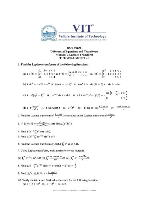 BMAT102L-M3-Laplace transform-Tutorial sheet-1 250208 084207 - BMAT102L ...