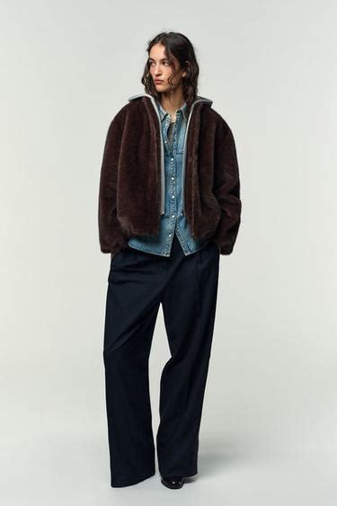 CONTRAST BOMBER JACKET WITH FAUX FUR HOODIE - Brown | ZARA India