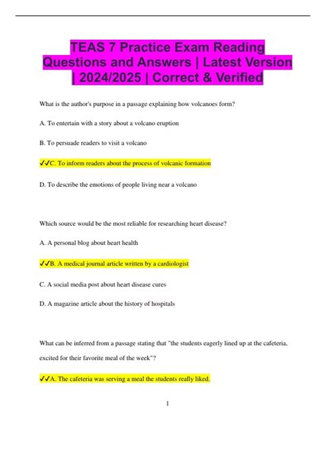 TEAS 7 Practice Exam Reading Questions and Answers | Latest Version ...