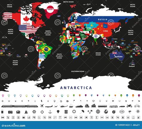 Vector Illustration of World Map Jointed with National Flags with Countries and Oceans Names ...