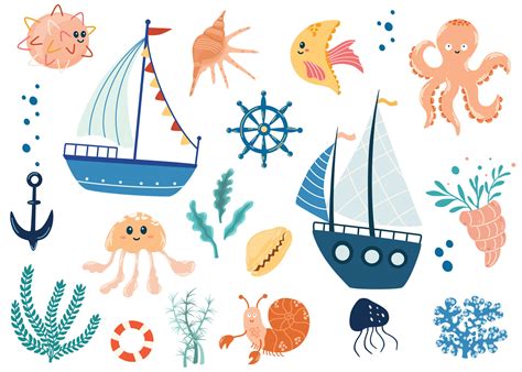 Sea life elements set. Childish funny clip arts. Sailboats, octopus ...