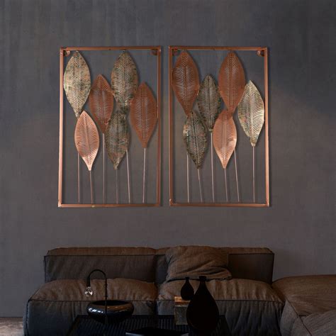 Rectangular Copper & Green Etching Leaves Wall Decor Set of 2 – Decors ...
