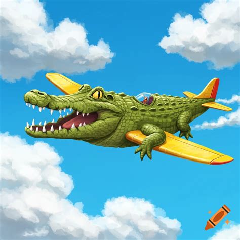 A crocodile combined with an airplane flying through a cloudy blue sky ...