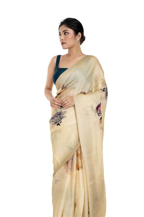 Ivory White Floral Painted Organza Silk Saree | Anvi Couture