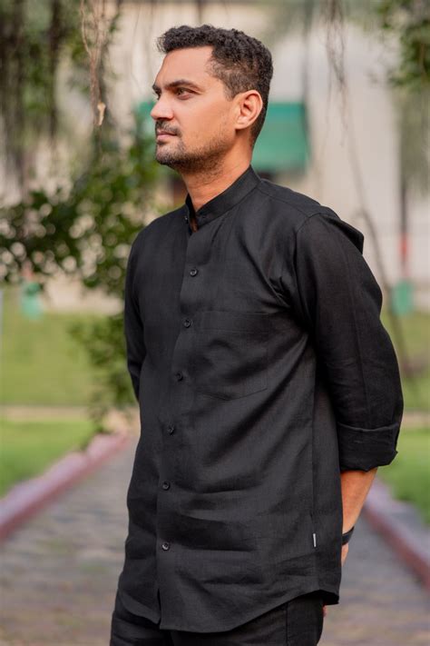 Pure Linen Mandarin Collar Patch Pocket Men's Shirt- Black – Kaapad