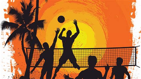 Download wallpaper 1920x1080 volleyball, silhouettes, sun, palm trees ...